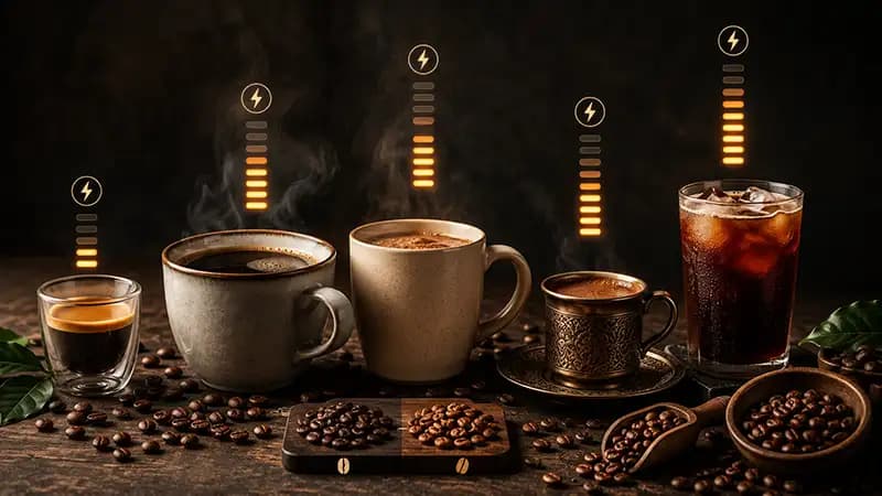 کافئین انواع قهوه چقدر است؟ مقایسه اسپرسو، قهوه دمی، فوری و روبوستا